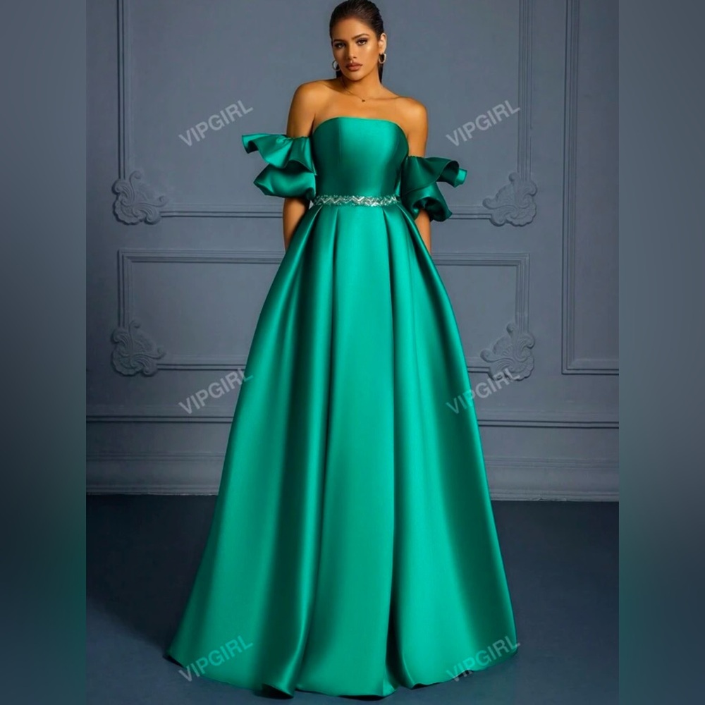 Elegant Green Off-Shoulder Dress XS strapless with back ties-heavy